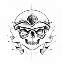 Generate a sketch of a tattoo depicting a skull in an iron helmet from the computer game Skyrim, next to which lies the  tattoo design idea