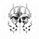 Generate a sketch of a tattoo depicting a skull in an iron helmet from the computer game Skyrim, next to which lies the  tattoo design idea