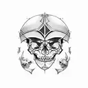 Generate a sketch of a tattoo depicting a skull in an iron helmet from the computer game Skyrim, next to which lies the  tattoo design idea