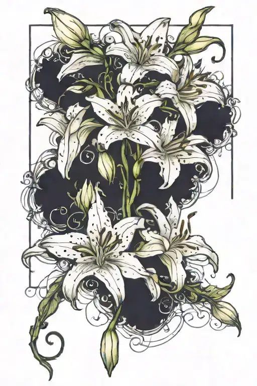 A vine of white lilies with falling petals traveling down the wrist to the thumb tattoo design idea