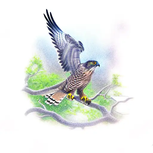 a cooper hawk taking off from an old oak tree tattoo design idea