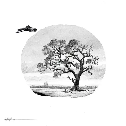 a cooper hawk taking off from an old oak tree tattoo design idea