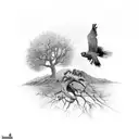 a cooper hawk taking off from an old oak tree tattoo design idea