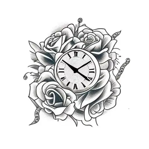 A tattoo featuring a clock surrounded by roses and snakes tattoo design idea