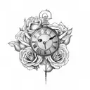 A tattoo featuring a clock surrounded by roses and snakes tattoo design idea