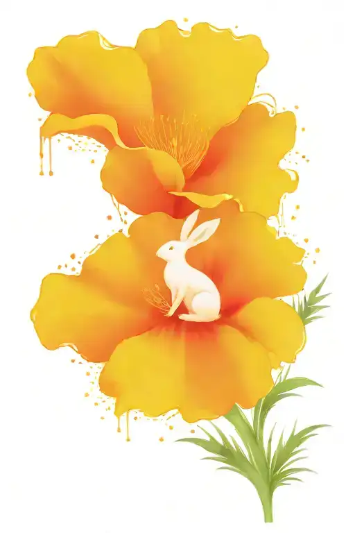 California poppy flower with palm trees and a little bunny  tattoo design idea