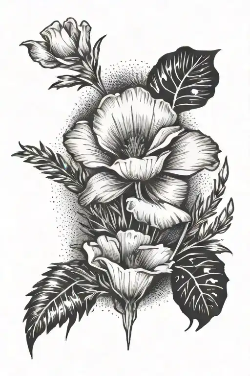 California poppy flower with palm trees and a little bunny  tattoo design idea