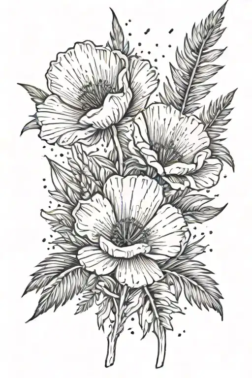 California poppy flower with palm trees and a little bunny  tattoo design idea