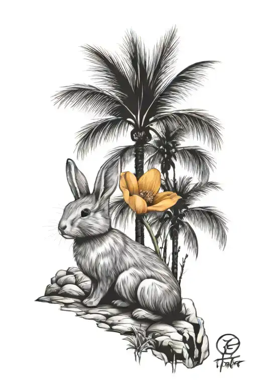 California poppy flower with palm trees and a little bunny  tattoo design idea
