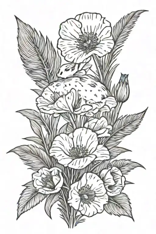 California poppy flower with palm trees and a little bunny  tattoo design idea