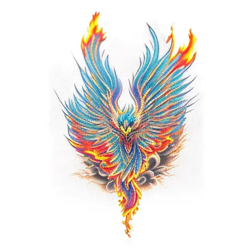 colourfull Phoenix engulfed in flames tattoo design idea