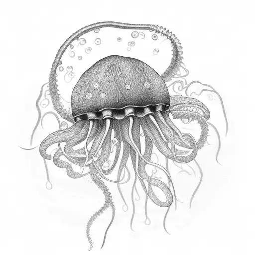 jellyfish, with long stingers and tentacles following with the current. view slightly from downside. touches of violet tattoo design idea