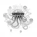 jellyfish, with long stingers and tentacles following with the current. view slightly from downside. touches of violet tattoo design idea