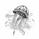 jellyfish, with long stingers and tentacles following with the current. view slightly from downside. touches of violet tattoo design idea