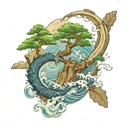 ygdrasill on an island surrounded by waves tattoo design idea