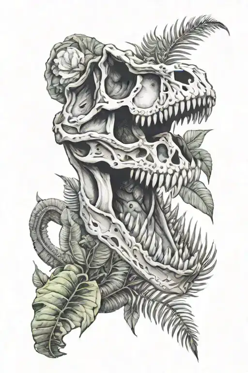 realistic Tyrannosaurus rex skull foliage background tattoo design idea