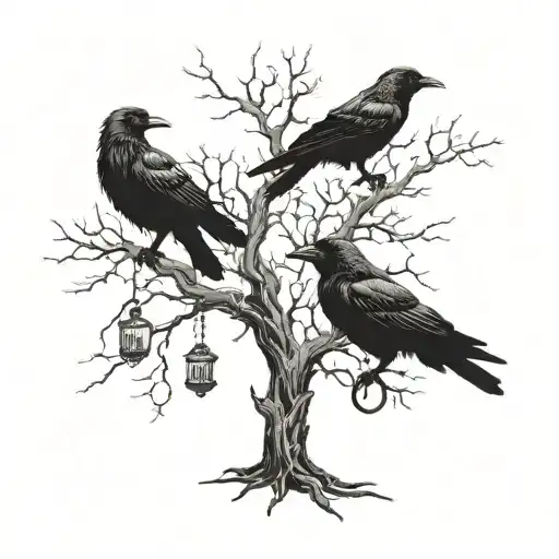 a large dry tree, crows with keys in their beaks on the branches of the tree tattoo design idea