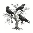 a large dry tree, crows with keys in their beaks on the branches of the tree tattoo design idea