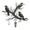 a large dry tree, crows with keys in their beaks on the branches of the tree tattoo design idea