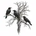 a large dry tree, crows with keys in their beaks on the branches of the tree tattoo design idea