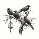 a large dry tree, crows with keys in their beaks on the branches of the tree tattoo design idea