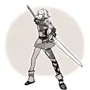 A blackwork tattoo design featuring a series-inspired character wielding a sword tattoo design idea