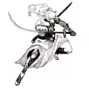 A blackwork tattoo design featuring a series-inspired character wielding a sword tattoo design idea