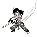 A blackwork tattoo design featuring a series-inspired character wielding a sword tattoo design idea