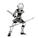 A blackwork tattoo design featuring a series-inspired character wielding a sword tattoo design idea