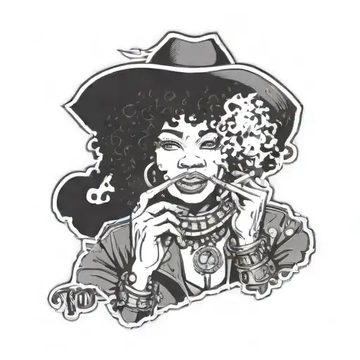 a smiling black cowgirl with an afro in a traditional style smoking a joint with the text "too wild to be tamed" tattoo design idea