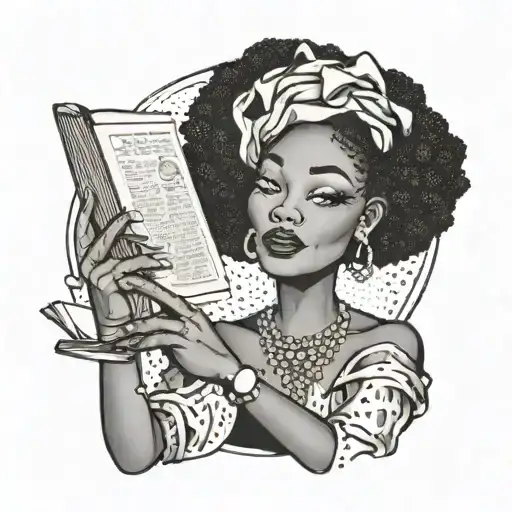 A traditional style Black woman holding a joint in one hand and a book in the other tattoo design idea