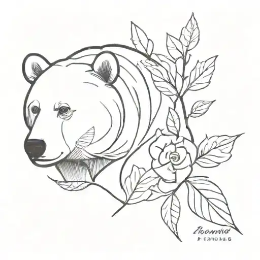 Imagine of flowers and leafs and a bear around the sentence “pain in the body silences pain in the head” tattoo design idea