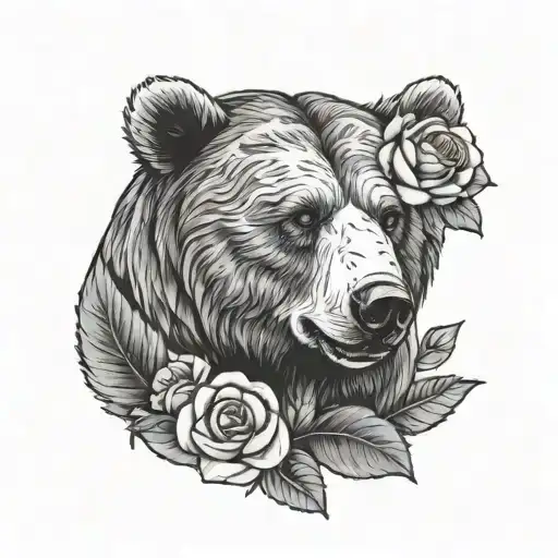 Imagine of flowers and leafs and a bear around the sentence “pain in the body silences pain in the head” tattoo design idea