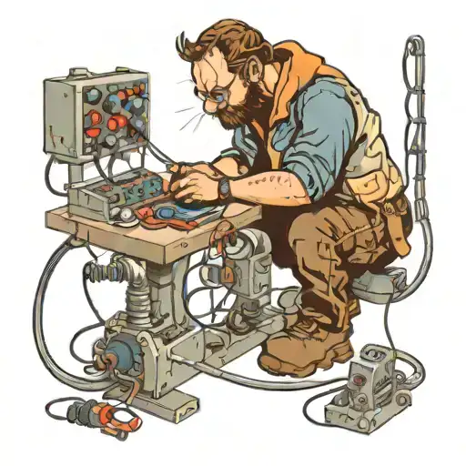 An electric engineer working on a circuit board with a cat playing with the wires tattoo design idea