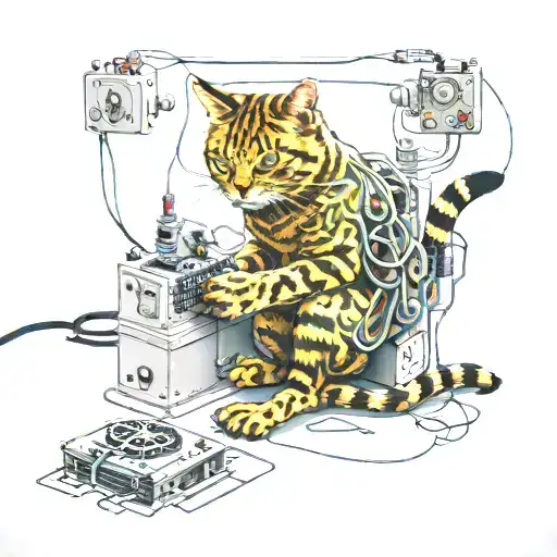 An electric engineer working on a circuit board with a cat playing with the wires tattoo design idea
