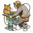 An electric engineer working on a circuit board with a cat playing with the wires tattoo design idea