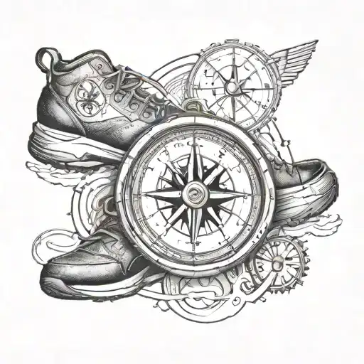 A detailed compass tattoo with a running shoe and military insignia incorporated into the design tattoo design idea