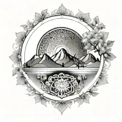A mandala design incorporating elements of nature like trees and mountains, representing the balance and harmony found in the outdoors and in mental well-being tattoo design idea