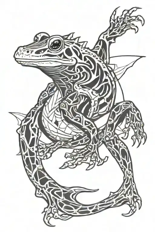 A frog skeleton riding a hammerhead shark swimming tattoo design idea