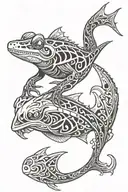 A frog skeleton riding a hammerhead shark swimming tattoo design idea