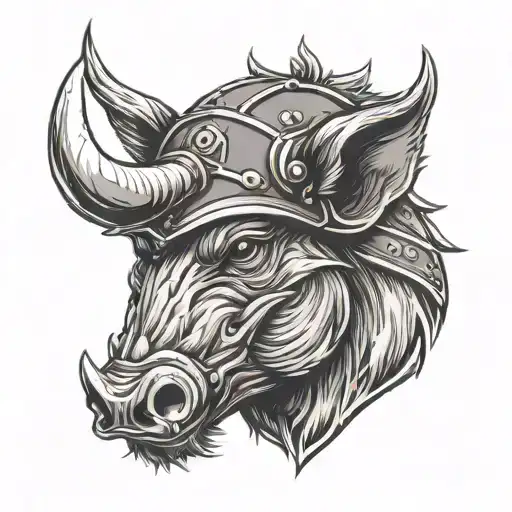 a boar head with a military helmet and an open mouth showing tee. use organic lines. symbolizes a war pig. simplify it.  tattoo design idea