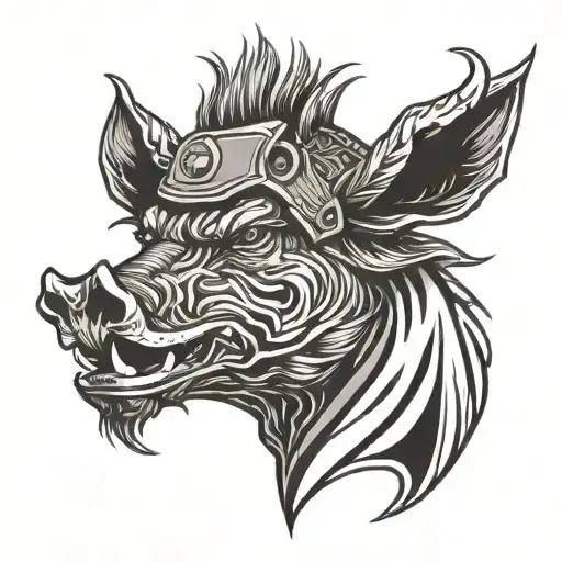 a boar head with a military helmet and an open mouth showing tee. use organic lines. symbolizes a war pig. simplify it.  tattoo design idea