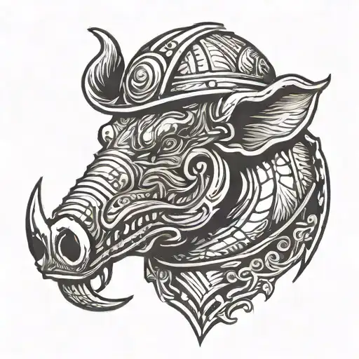 a boar head with a military helmet and an open mouth showing tee. use organic lines. symbolizes a war pig. simplify it.  tattoo design idea