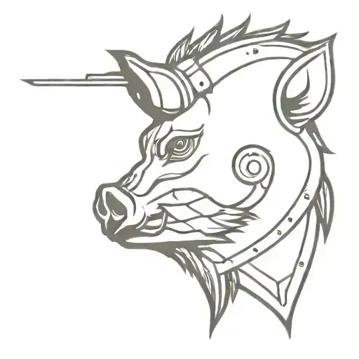 a boar head with a military helmet and a cartridge  tattoo design idea