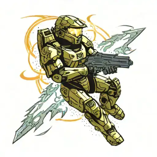 ### Upper Arm: **Halo 3 Theme:** - **Master Chief:** Feature an iconic image of Master Chief, perhaps in a dynamic actio tattoo design idea