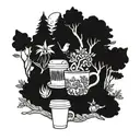 A coffee jungle scene with a hidden forest animal peeking through the trees tattoo design idea