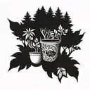 A coffee jungle scene with a hidden forest animal peeking through the trees tattoo design idea
