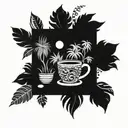 A coffee jungle scene with a hidden forest animal peeking through the trees tattoo design idea