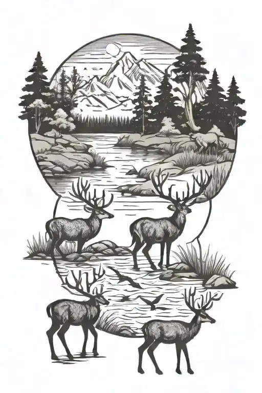 Forrest scene with mountans river deer ducks and salmon tattoo design idea