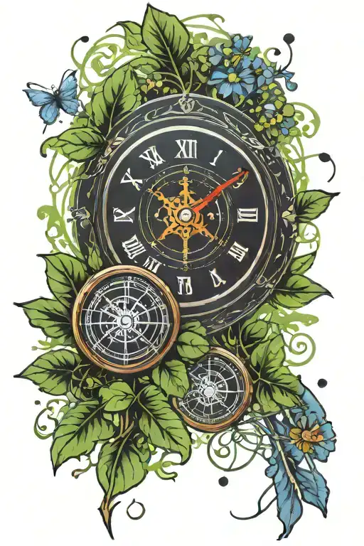 tide and time clock and compass flaming arrows over a field of four leaf clovers with dandelion seeds float air tattoo design idea